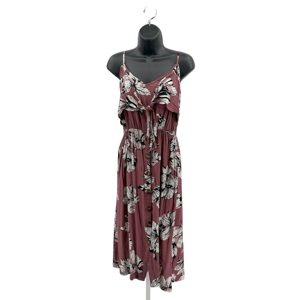 Mimi Chica Midi Dress Womens XL Brown Floral Sleeveless Tie Front V-Neck Smocked